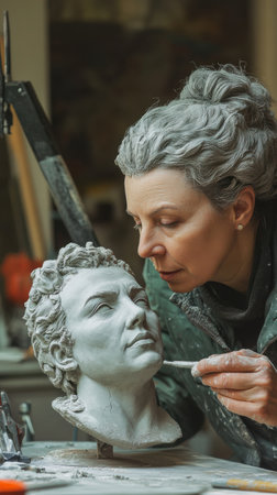 An artist intently works on a detailed clay sculpture, capturing expression and form. The studio is scattered with art supplies and tools, reflecting a vibrant creative environment.の素材