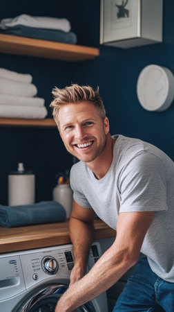 A joyful man smiles while doing laundry in a modern, minimalist laundry room featuring wooden shelves and neatly stacked towels, enjoying the simplicity of household chores.の素材