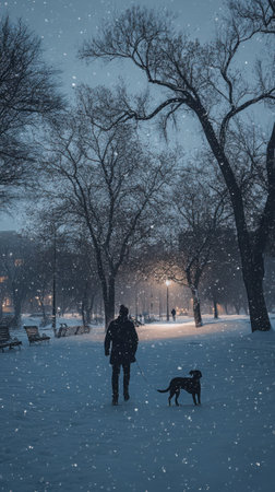 A person strolls through a snowy park at twilight, accompanied by a dog. Soft snowflakes fall around them, creating a tranquil and serene atmosphere.の素材