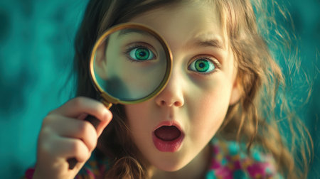 A young girl with vibrant blue-green eyes examines her surroundings with wonder, holding a magnifying glass up to her face. Her colorful attire enhances her joyful curiosity.の素材