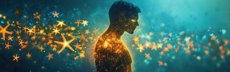 A man stands in profile, his body illuminated with a warm glow. Surrounding him are sparkling stars and ethereal lights, creating a mystical atmosphere filled with wonder.の素材