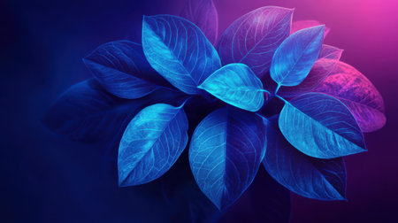 A cluster of vibrant neon blue leaves illuminates softly against a dark backdrop, creating a serene atmosphere. The leaves display intricate veins and forms, captivating the viewer.の素材