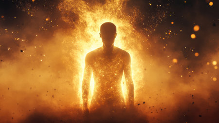 A man stands confidently, encapsulated in a radiant glow, surrounded by swirling sparks and flames, creating an intense atmosphere of energy and power.の素材