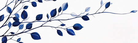 A striking arrangement of blue leaves extends across a white background, creating a sense of depth and tranquility. The design emphasizes artistic creativity and nature's beauty.の素材