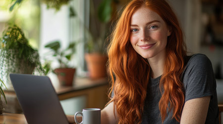 A woman with long wavy red hair sits at a table, smiling as she works on her laptop. A mug sits next to her, and greenery decorates the warm, inviting room.の素材