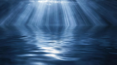 Ripples dance across the tranquil water, illuminated by soft silver beams cutting through a deep midnight blue sky, creating a serene and mystical atmosphere.の素材