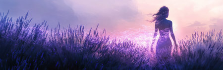 A woman's silhouette strides gracefully through a vibrant lavender field during sunset, with soft hues of purple and pink blending in the sky. The atmosphere feels enchanting and serene.の素材