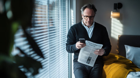 Middle-aged man sits by a window, holding a newspaper and using his smartphone. The warm indoor environment features soft lighting and a cozy blanket, creating a thoughtful atmosphere.の素材
