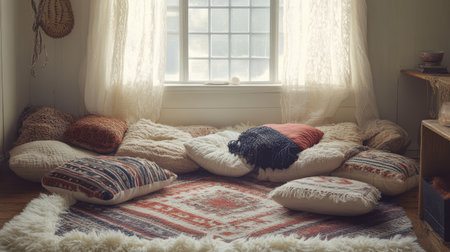 Soft natural light fills a cozy nook adorned with patterned floor cushions and a beautifully designed rug, creating a perfect space for relaxation and tranquility.の素材