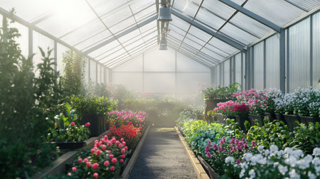Inside a high-tech greenhouse, an automated misting system enhances humidity levels, promoting healthy growth among colorful flowers and lush greenery during the day.の素材