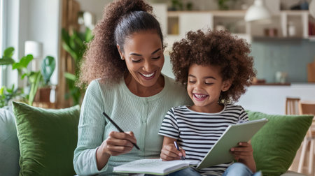 A mother and her daughter share a fun moment while drawing and writing in a cozy living room. Their smiles reflect the warmth of family life and creativity.の素材