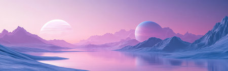 A striking gradient blends soft pinks and purples across a tranquil icy landscape. Two large planets hover in the sky, casting an ethereal glow over the reflective lake and surrounding mountains.の素材