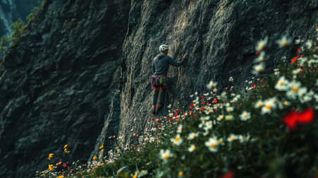 A determined climber skillfully scales a steep cliff, surrounded by a colorful display of wildflowers. The sun sets behind the mountains, casting a warm glow on the scene.の素材