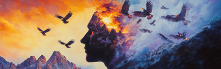 A mystical profile of a man is vividly illustrated, filled with mountains, fire, and soaring eagles. This artwork captures the essence of nature's beauty intertwined with human spirit during twilight.の素材