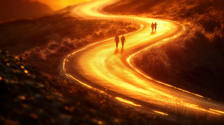 Winding country roads glow with a warm golden hue during sunset, as silhouettes of people stroll leisurely along the path, enjoying the tranquil evening ambiance.の素材