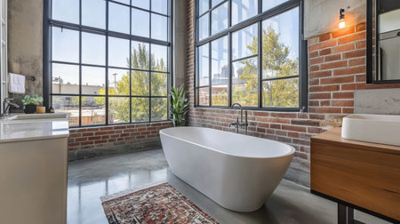 A modern loft bathroom features a sleek freestanding tub under expansive windows, surrounded by exposed brick walls and contemporary decor, creating a stylish and inviting space.の素材
