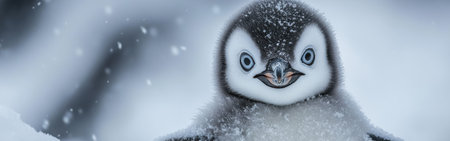 A cute penguin chick stars curiously at the camera, showing its fluffy feathers and distinct facial features amidst a snowy landscape. The atmosphere is calm and serene.の素材