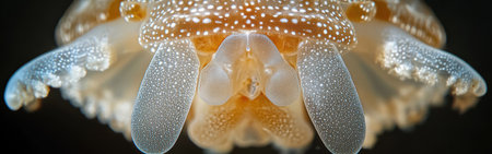 Close-up perspective showcases the detailed face-like structure of a jellyfish as it gracefully drifts through the water. Its delicate tentacles and textures are vividly visible.の素材