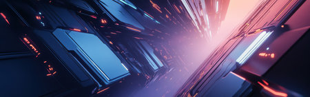 A vibrant abstract design features striking geometric structures illuminated by glowing red and blue lights, creating a captivating sense of depth and movement.の素材