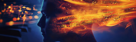A man's profile emerges against a backdrop of swirling colors, music notes, and glowing cosmic patterns, symbolizing creativity and artistic expression at twilight in a fantastical setting.の素材