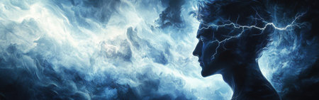 A man's silhouette emerges from a swirling backdrop of cosmic clouds and vibrant energy. Lightning arcs around his head, creating an ethereal, mystical atmosphere reminiscent of twilight.の素材