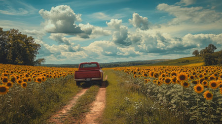 A vintage pickup travels down a serene dirt road, flanked by vibrant sunflower fields. The sky is filled with fluffy clouds, creating a tranquil countryside atmosphere.の素材