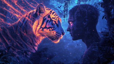 A man's profile faces a majestic tiger, both illuminated by ethereal light in a magical forest at twilight. Lush flora surrounds them, enhancing the mystical atmosphere.の素材