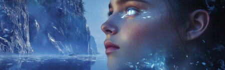 A captivating portrait showcases a woman's face merging seamlessly with a surreal landscape. The ethereal essence reflects nature, emphasizing tranquility during twilight hours.の素材