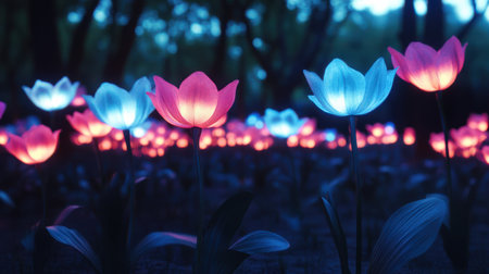 A stunning art installation showcases luminous flowers in shades of pink and blue, creating a dreamlike atmosphere in a serene natural setting during nighttime.の素材