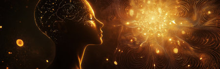 In a surreal and mystical portrayal, a man's profile exudes cosmic energy, intertwining with radiant light and intricate patterns symbolizing the universe's vastness and the essence of life.の素材