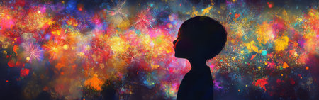 A child's silhouette stands in profile, mesmerized by a luminous explosion of colors in the night sky. The scene captures wonder and innocence, evoking a sense of magic and imagination.の素材