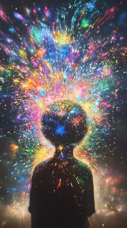 A child's silhouette stands calmly amidst a dazzling display of colorful lights and sparkling particles, evoking a sense of wonder and imagination during a magical night.の素材