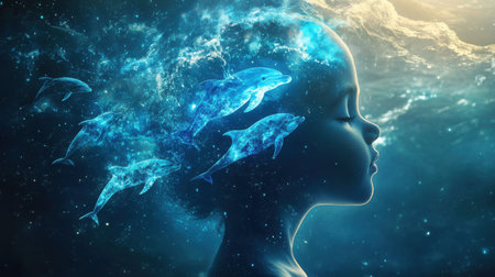 A child gazes thoughtfully as ethereal dolphins swirl around, merging with the child's thoughts. The vibrant aquatic colors create a serene and imaginative atmosphere.の素材