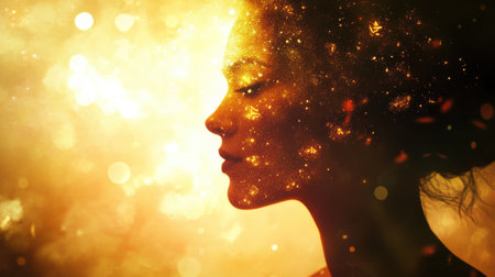 A tranquil moment captures a woman in profile, exuding a soft glow surrounded by a warm, ethereal light. The backdrop enhances her serene expression, creating a magical ambiance.の素材