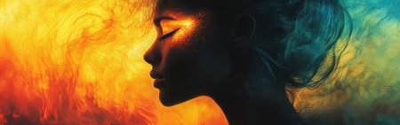 A woman is portrayed in profile, radiating a glowing aura against a backdrop of vivid colors. The interplay of light and shadow creates a dreamlike atmosphere, enhancing her serene expression.の素材