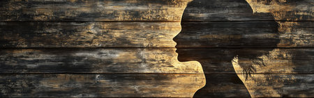 A woman stands quietly with a peaceful demeanor, her profile glowing softly against a textured wooden backdrop. The scene captures a moment of tranquility during the golden hour.の素材