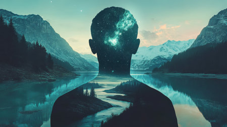 A mystical silhouette of a man stands against a backdrop of a galaxy, surrounded by serene mountains and a reflective lake during twilight. The scene evokes a sense of wonder.の素材