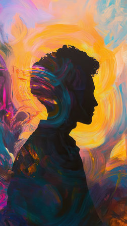 A painter stands in profile against a backdrop of colorful, swirling patterns that evoke creativity and inspiration. The golden hour light enhances the serene atmosphere and glowing ambience.の素材