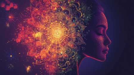 A woman glows softly against a rich cosmic backdrop, her profile adorned with mesmerizing floral designs.の素材