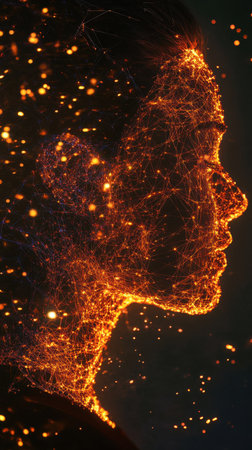 A luminous figure of a woman is portrayed, surrounded by intricate glowing patterns that resemble a network of energy. The atmosphere is dark, enhancing the surreal effect.の素材