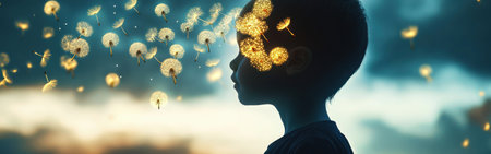 A child's silhouette stands against a glowing sunset, with ethereal dandelion seeds floating around, evoking a sense of wonder and tranquility in a magical moment.の素材