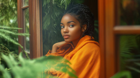 A young woman with braided hair sits comfortably by a window wearing an orange cover, basking in serene natural light while surrounded by lush plants.の素材