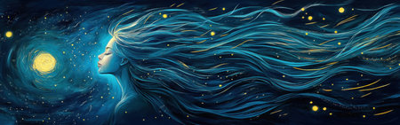 A luminous woman with long, flowing hair is portrayed against a deep blue backdrop filled with stars and swirling elements, evoking a sense of dreamlike wonder.の素材