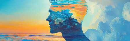 A man's profile glows with vibrant colors as an ocean sunset fills the space within. The waves and clouds create a dreamlike atmosphere, merging nature with the human form in harmony.の素材