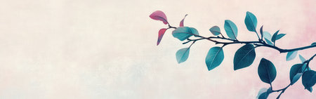 Stylized branches with lush leaves exhibit a beautiful color gradient, reflecting shades of green and pink. This artistic representation captures a serene atmosphere.の素材