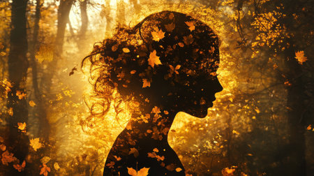 A woman's silhouette glows brightly amidst a backdrop of autumn leaves and trees. The scene captures a mystical moment filled with warmth and natural beauty under soft light.の素材