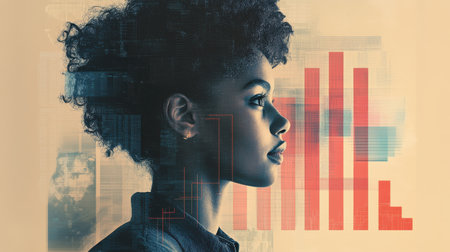 A young entrepreneur is depicted with a vibrant bar graph overlay, illustrating their ambitions and ideas in a contemporary environment filled with creativity and opportunity.の素材