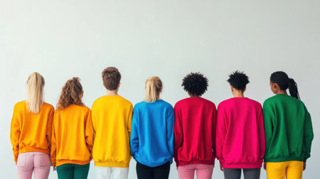 A group of seven young individuals stands side by side, each wearing brightly colored sweatshirts.の素材
