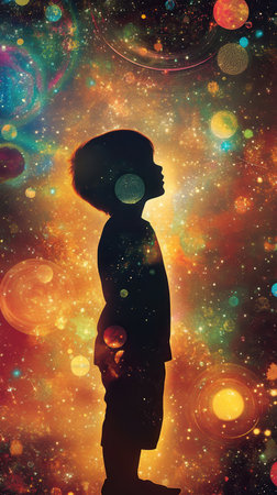A child stands confidently in profile, surrounded by a stunning cosmic display filled with colorful planets and swirling stars, evoking a sense of wonder and exploration.の素材