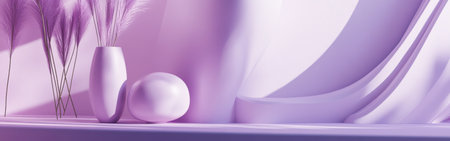 Delicate lavender hues fill the composition, highlighting a smooth surface with a vase and an organic shape. Soft textures and gentle forms create a calming ambiance.の素材